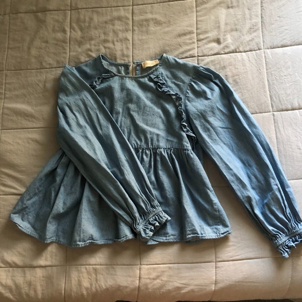 Altar'd State Denim Ruffle Top - Picture 2 of 4